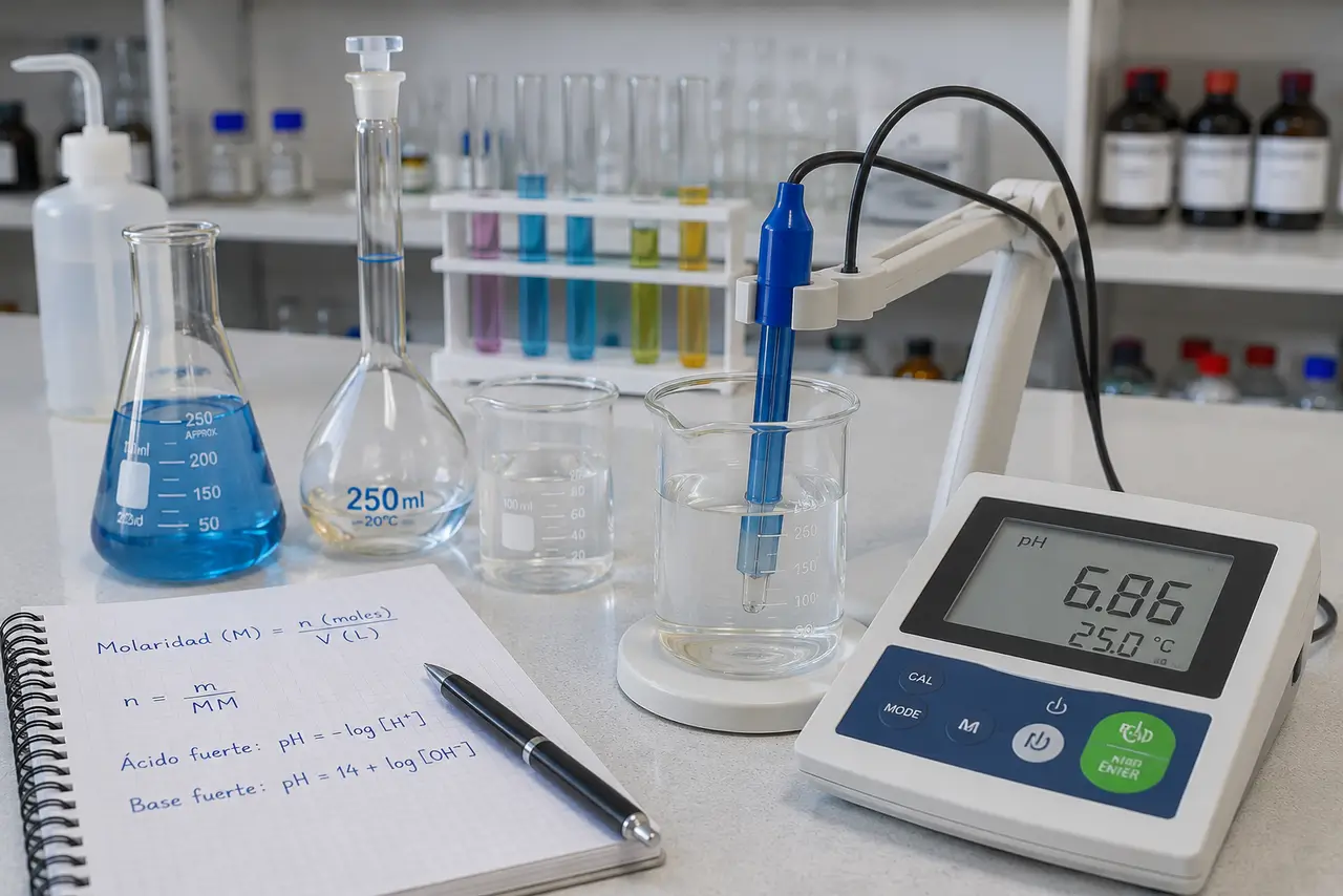 pH-metro midiendo una disolución transparente junto a material volumétrico de laboratorio limpio
