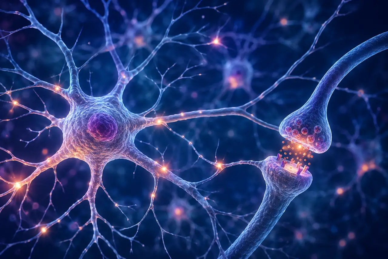 Red neuronal luminosa con conexiones activas que representa memoria, aprendizaje y plasticidad cerebral