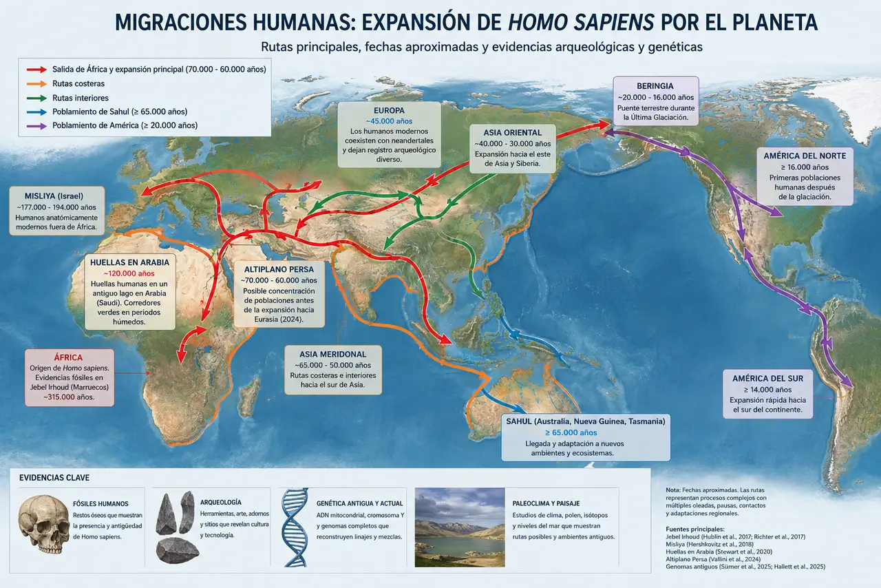 Mapa mundial con rutas de expansión de Homo sapiens desde África hacia Eurasia, Oceanía y América, con fechas aproximadas y evidencias arqueológicas y genéticas