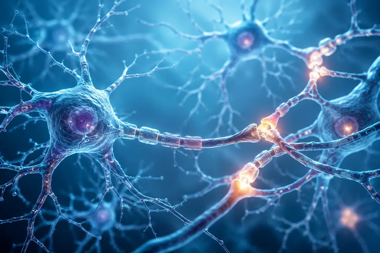 Neuronas conectadas mediante sinapsis en una red del sistema nervioso con aspecto científico claro