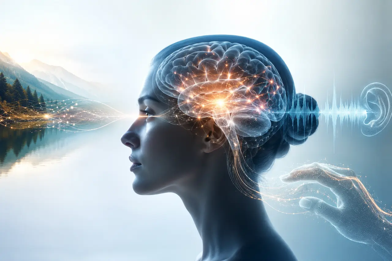 Cerebro humano procesando señales visuales, auditivas y táctiles para construir la percepción de la realidad