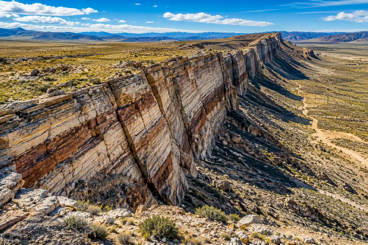 Escarpe tectónico con estratos rocosos inclinados en un paisaje árido para representar el movimiento de placas
