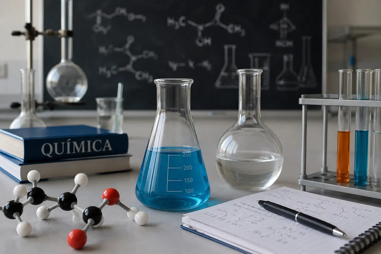 Material de laboratorio químico con matraces transparentes, soluciones limpias y una estructura molecular sobre una mesa científica profesional