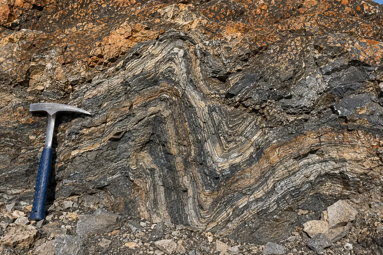 Afloramiento rocoso plegado con martillo geológico para estudiar estratos, minerales y deformación de las rocas