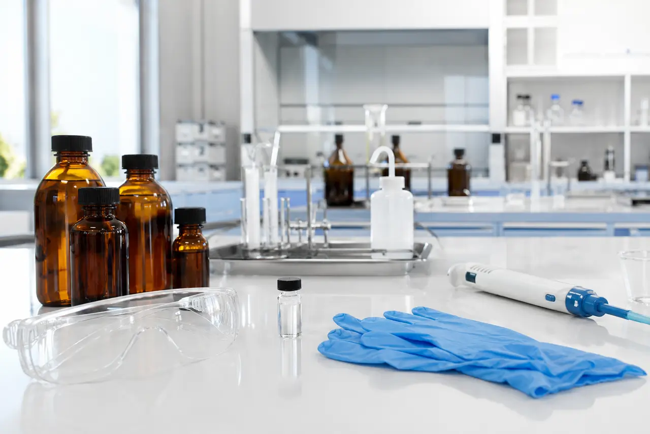 Frascos de seguridad química con guantes, gafas protectoras y material de laboratorio ordenado en una superficie limpia