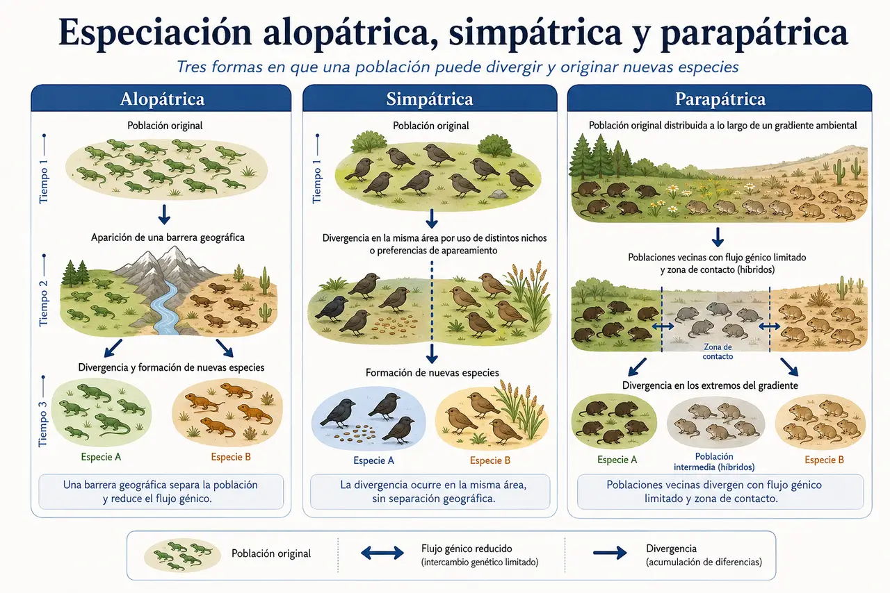 Diagrama de especiación alopátrica, simpátrica y parapátrica en poblaciones
