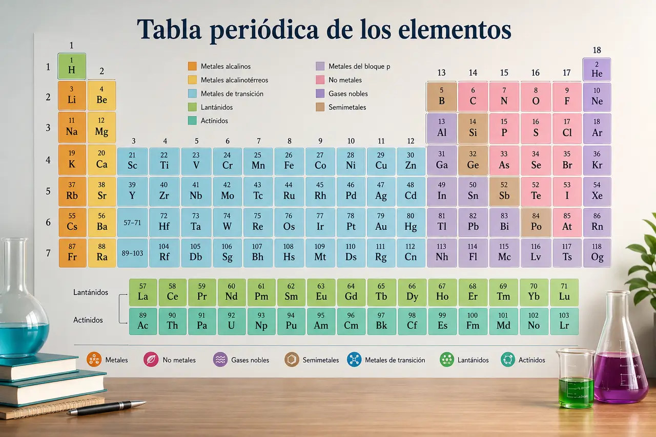 Tabla periódica que organiza los elementos químicos por número atómico, grupos y periodos