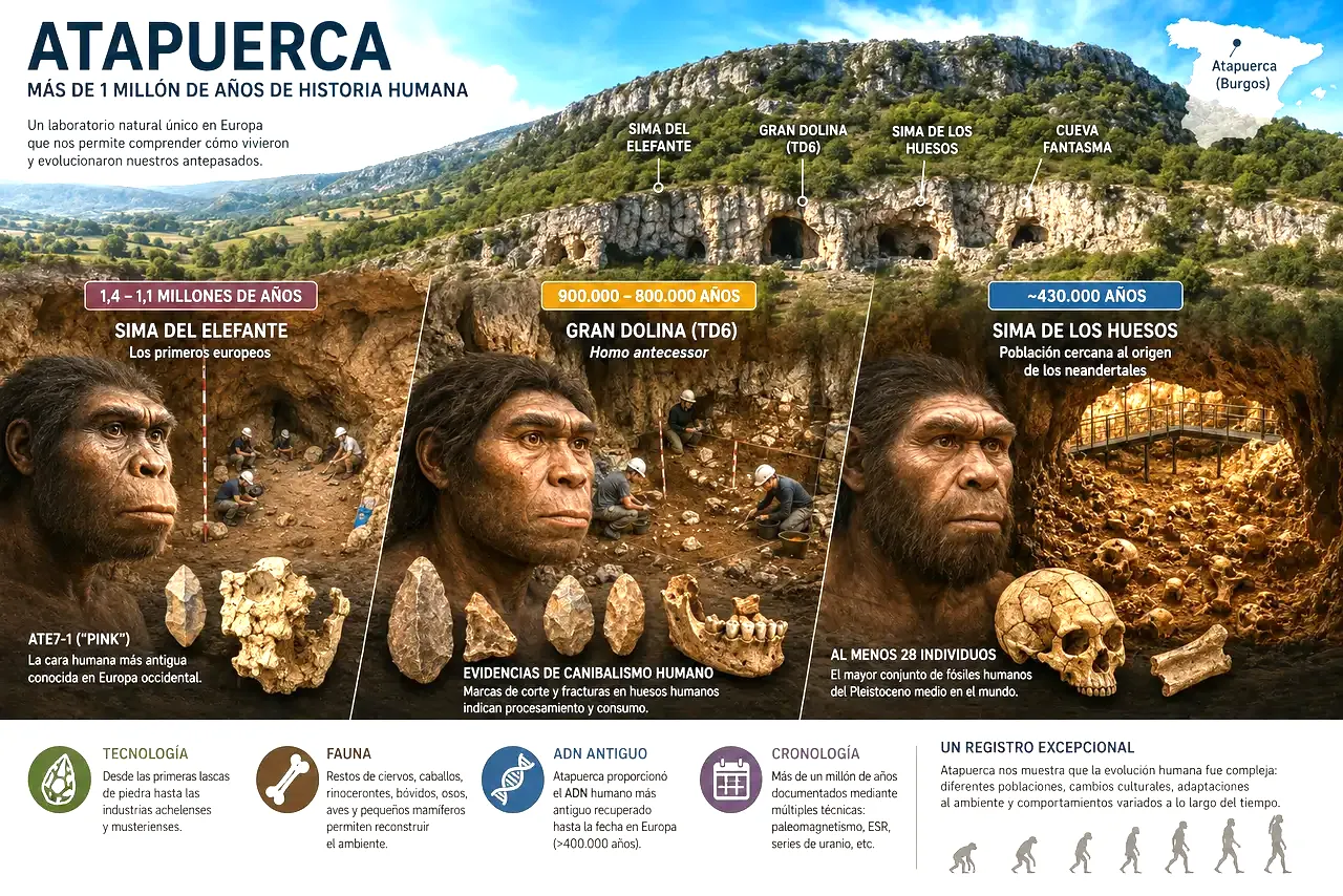Atapuerca y evolución humana: Sima del Elefante, Gran Dolina y Sima de los Huesos