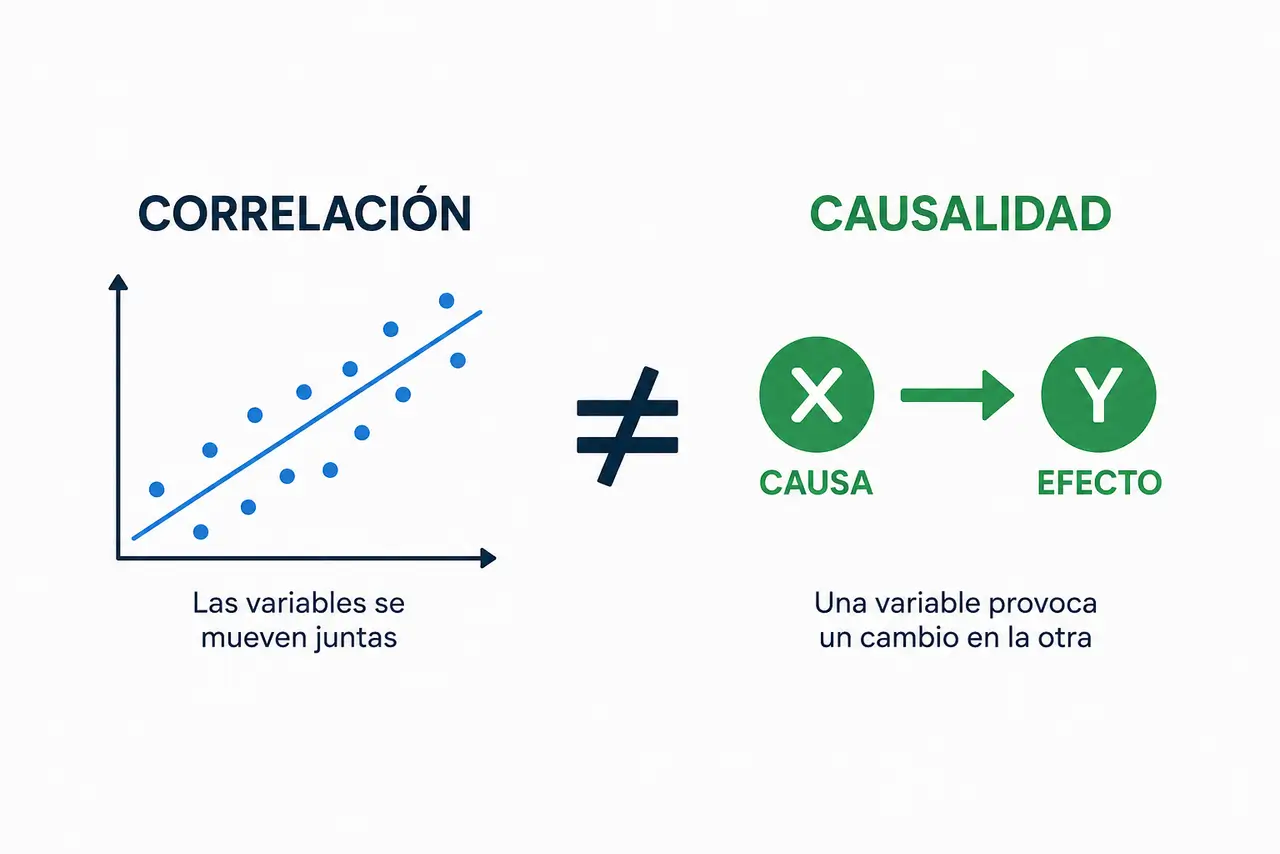 Comparación visual entre correlación y causalidad mediante variables relacionadas y una relación de causa y efecto