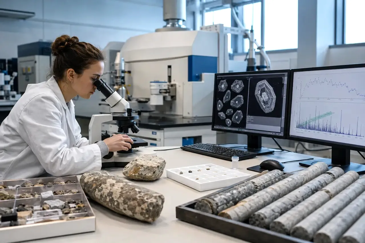 Investigadora analizando muestras de roca y minerales en un laboratorio de geocronología para datación radiométrica