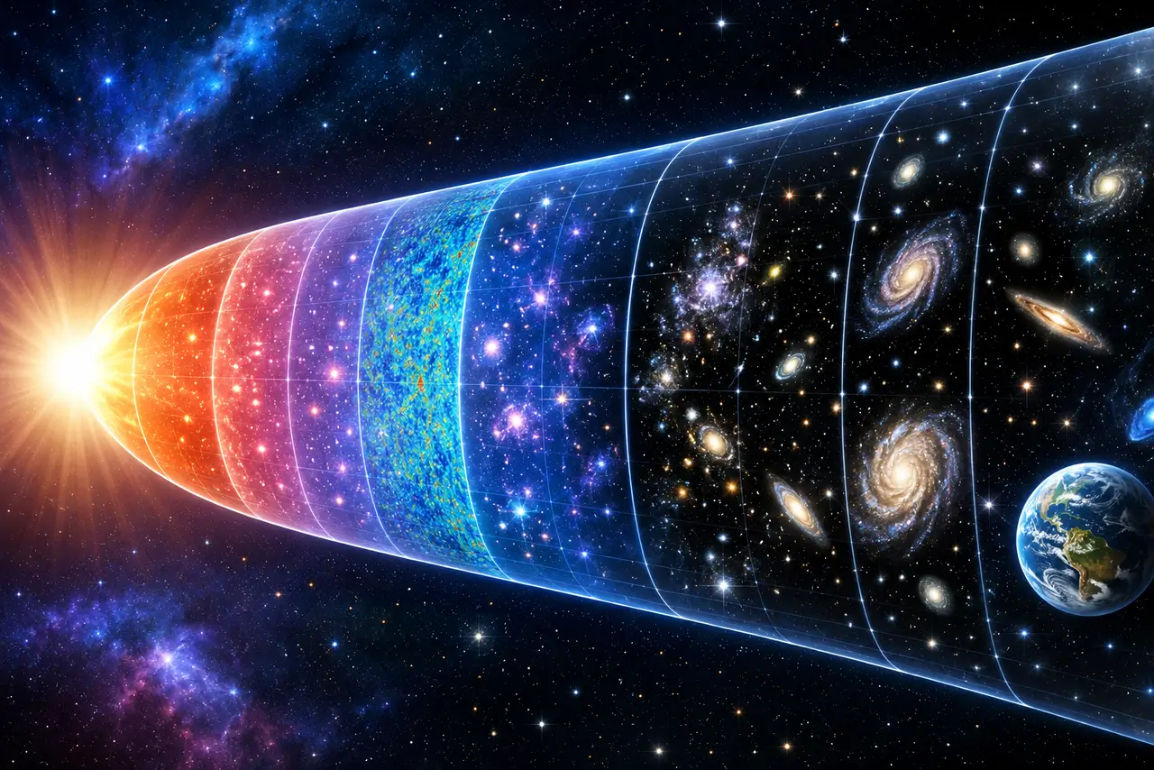 Representación de la evolución del universo desde sus primeras etapas hasta la formación de galaxias actuales