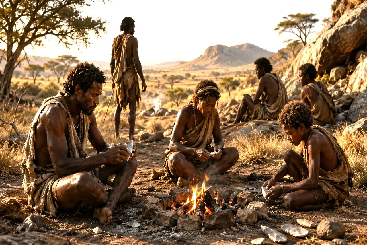 Reconstrucción de un grupo de Homo sapiens temprano en un paisaje africano del Pleistoceno