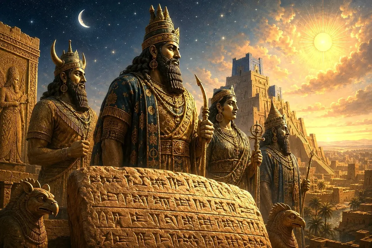 Ilustración de divinidades mesopotámicas junto a una tablilla cuneiforme y un zigurat bajo un cielo estrellado