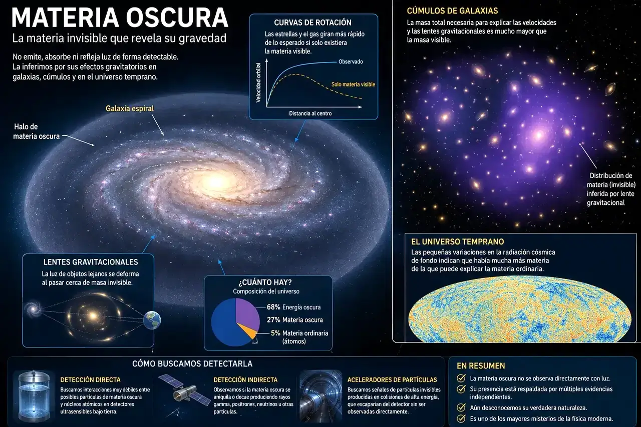 Infografía sobre materia oscura con galaxias, curvas de rotación, lentes gravitacionales y métodos de detección