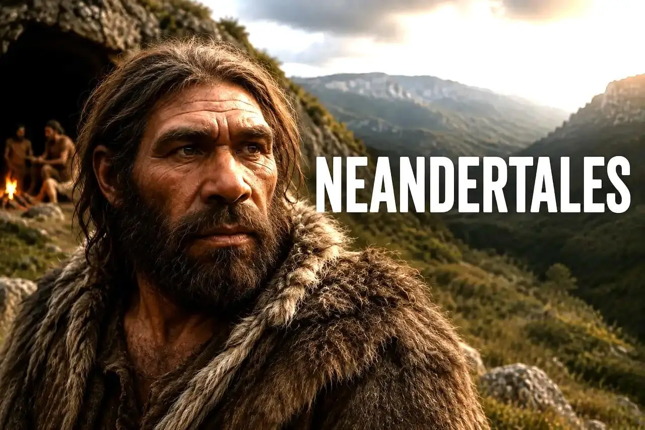 Reconstrucción de un neandertal en un paisaje europeo del Pleistoceno