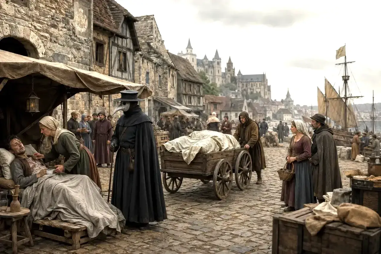 Escena de una ciudad medieval afectada por la peste negra, con enfermos, comerciantes y rutas portuarias