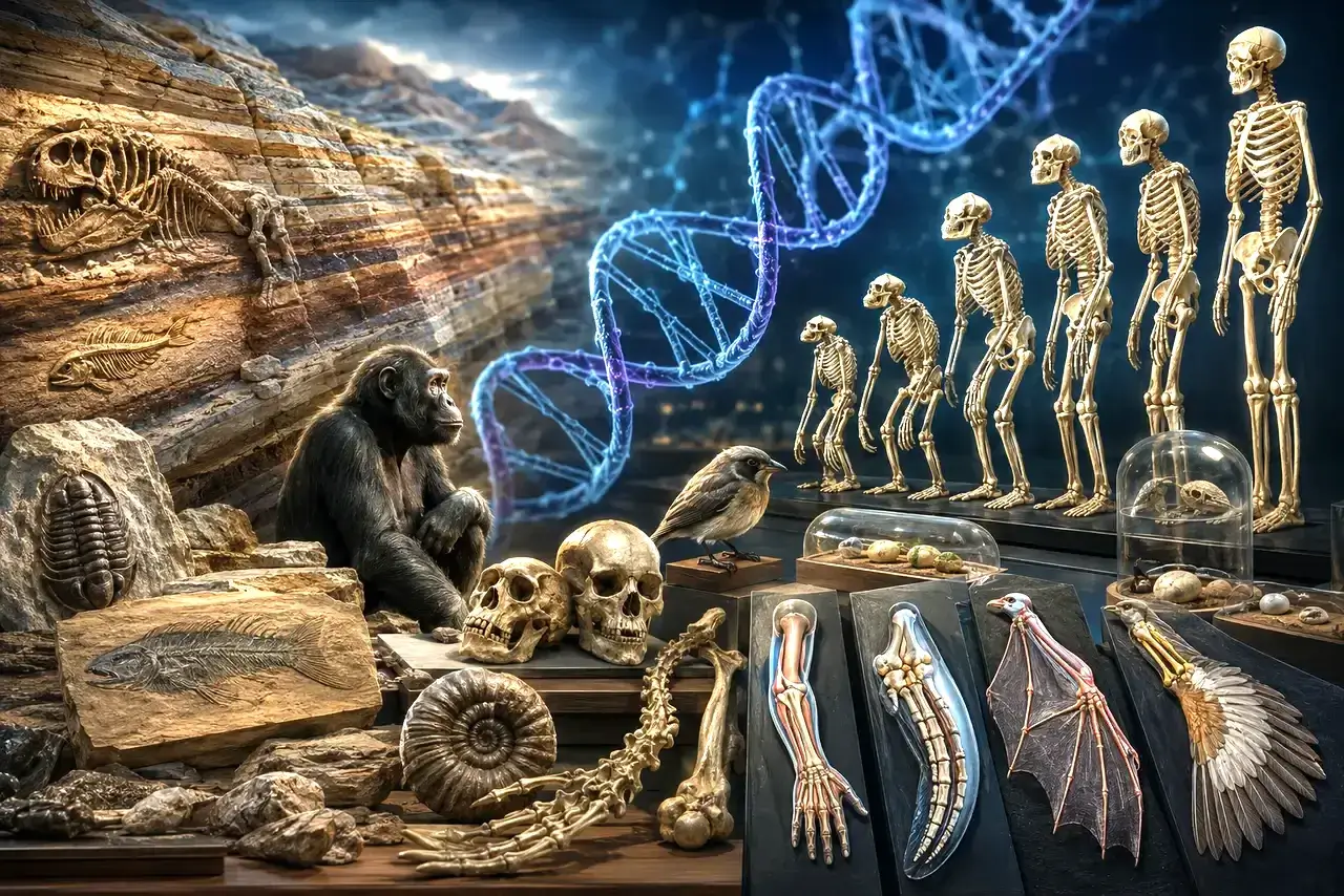 Composición científica con fósiles, esqueletos, anatomía comparada y ADN como pruebas de la evolución