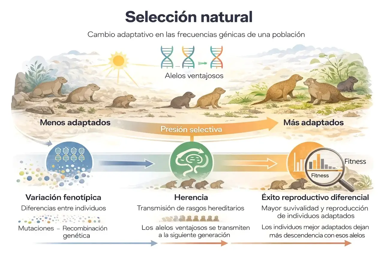 Infografía sobre selección natural con variación fenotípica, herencia, presión selectiva y mayor éxito reproductivo de los individuos mejor adaptados