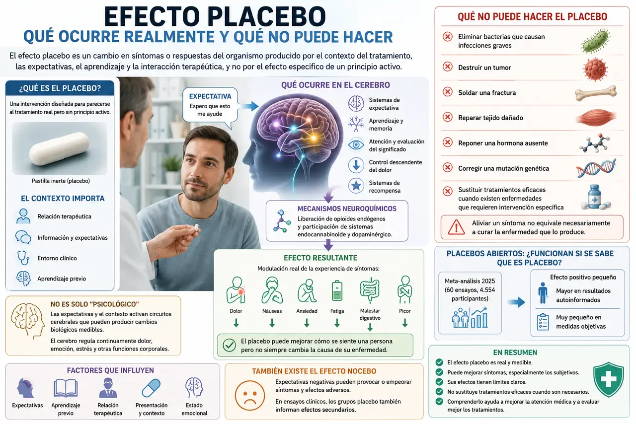 Infografía sobre el efecto placebo, sus mecanismos cerebrales, sus efectos sobre síntomas y sus límites