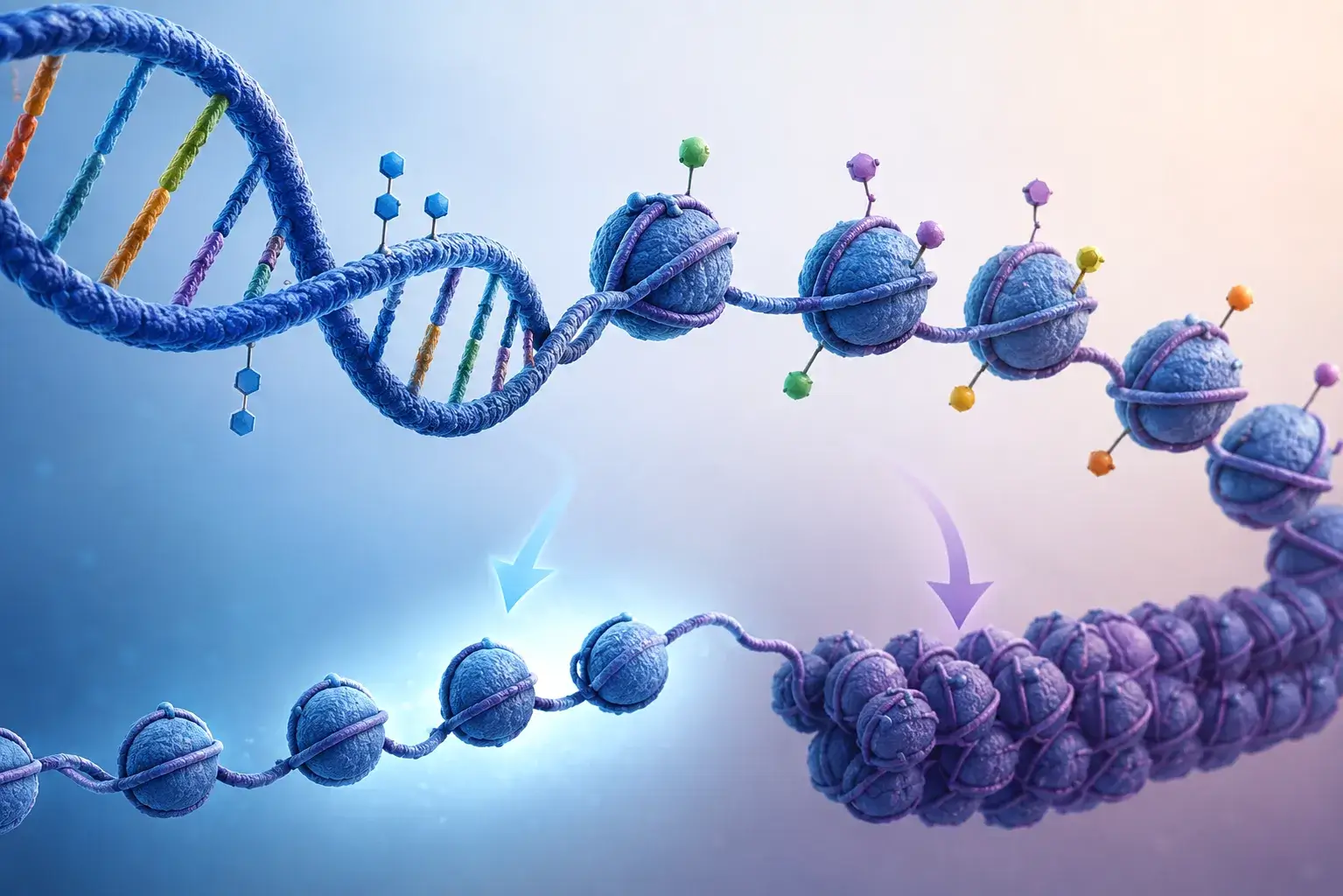 Representación del ADN y los mecanismos epigenéticos que regulan la actividad de los genes