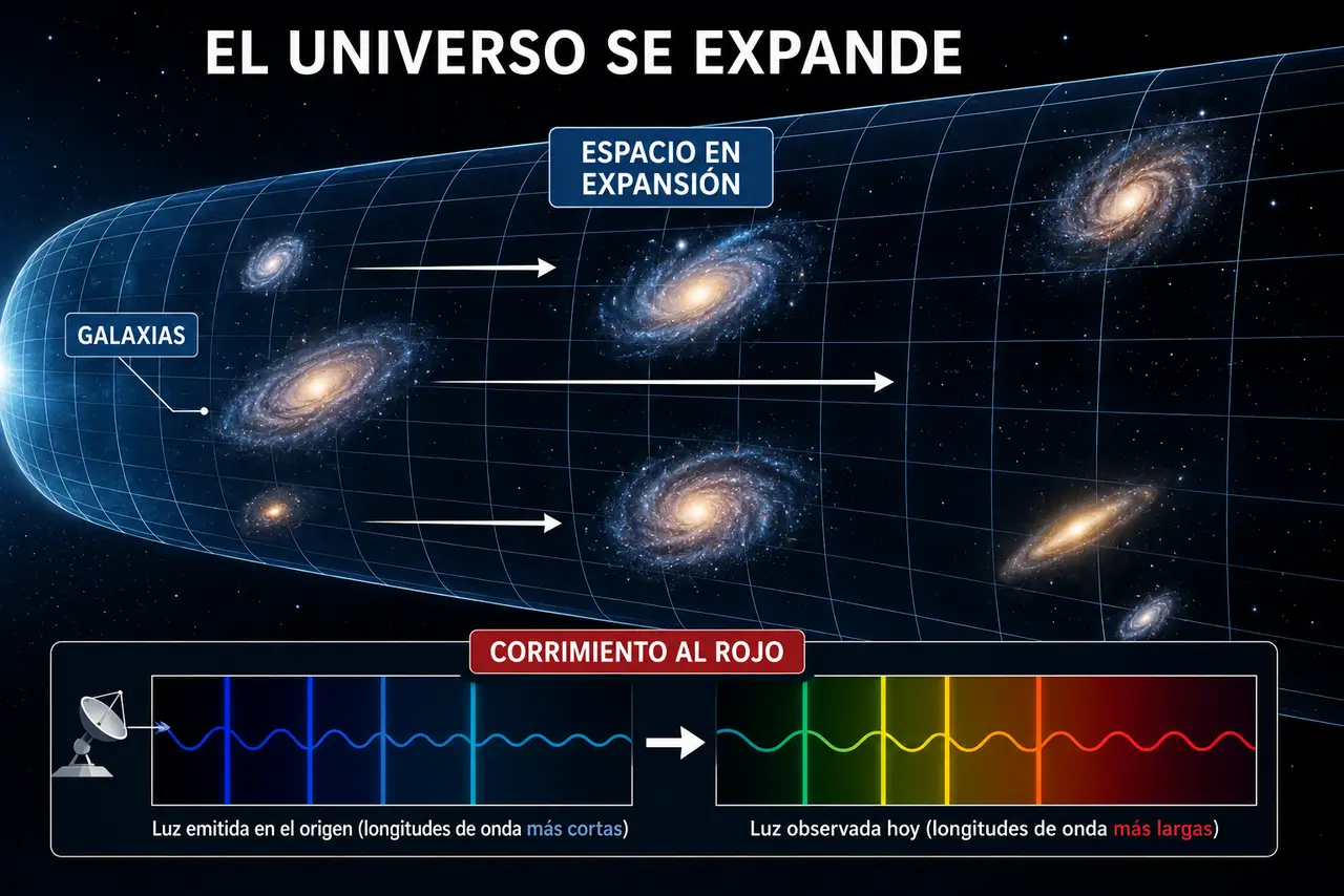Galaxias separándose por la expansión del universo y luz desplazada hacia longitudes de onda más rojas
