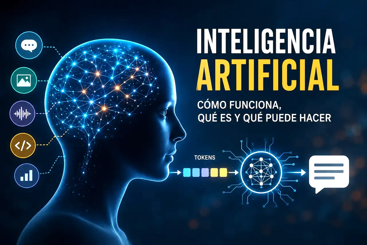 Representación de inteligencia artificial con una figura humanoide y una red neuronal luminosa junto al texto Cómo funciona