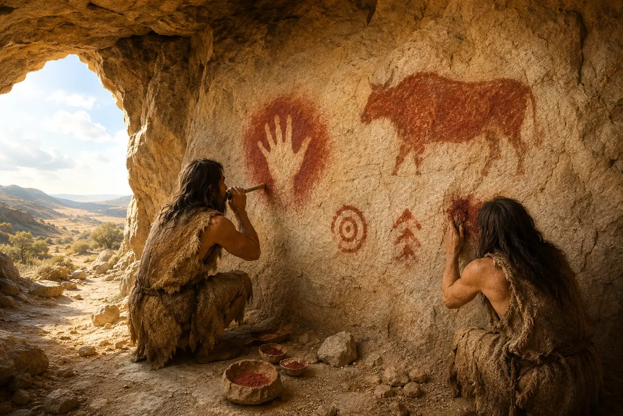 origen-arte-rupestre-sapiens-neandertales Humanos prehistóricos creando una plantilla de mano y pinturas animales mediante pigmento soplado y aplicación manual