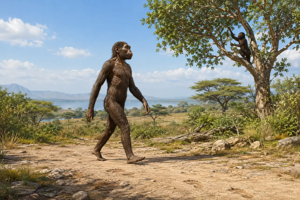 Hominino temprano caminando sobre dos piernas en un paisaje africano mientras otro individuo trepa a los árboles
