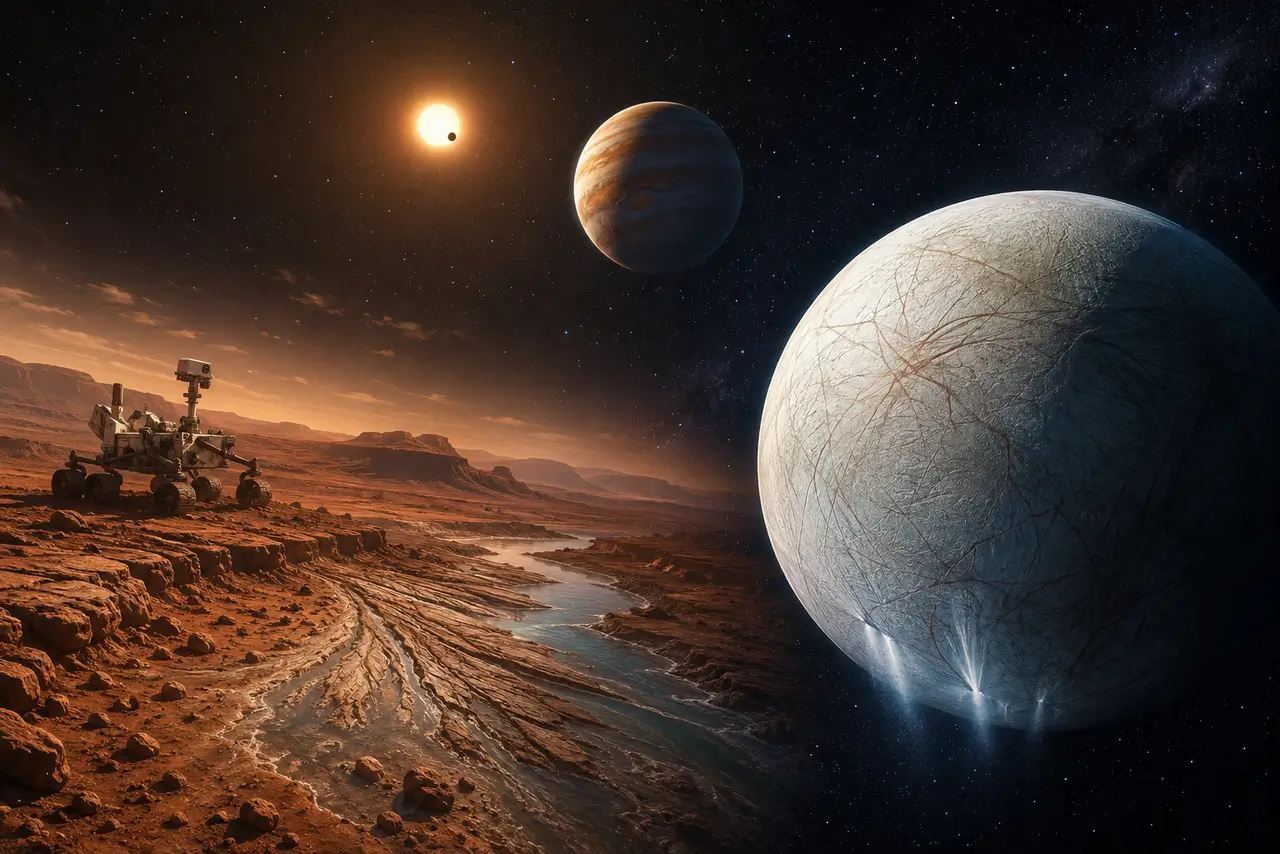 Representación de Marte, una luna oceánica helada y exoplanetas como lugares donde se busca vida fuera de la Tierra
